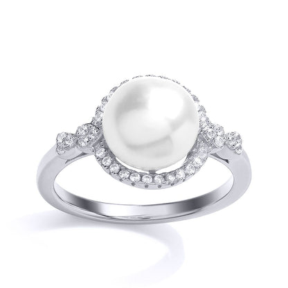Silver  CZ Pearl Halo Full Moon Dress Ring - GVR696