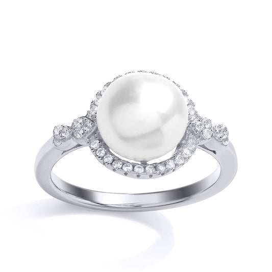 Silver  CZ Pearl Halo Full Moon Dress Ring 10mm - GVR696