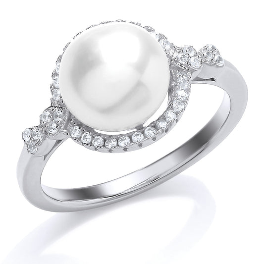 Silver  CZ Pearl Halo Full Moon Dress Ring 10mm - GVR696