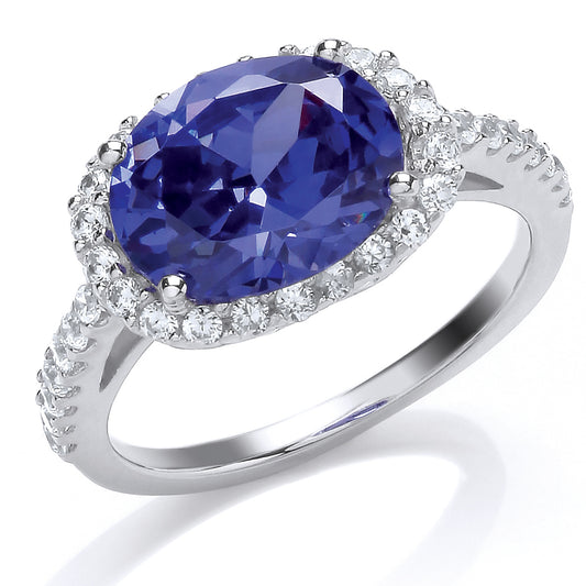 Silver  Purple and White Oval and CZ Solitaire Ring - GVR712