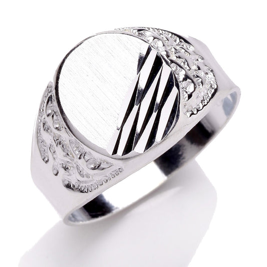 Mens Silver  Scrolled Engraved Oval Signet Ring - GVR719