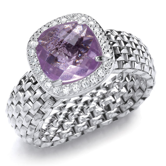 Silver  Lilac and White Cushion and CZ Halo Stretchy Ring - GVR723