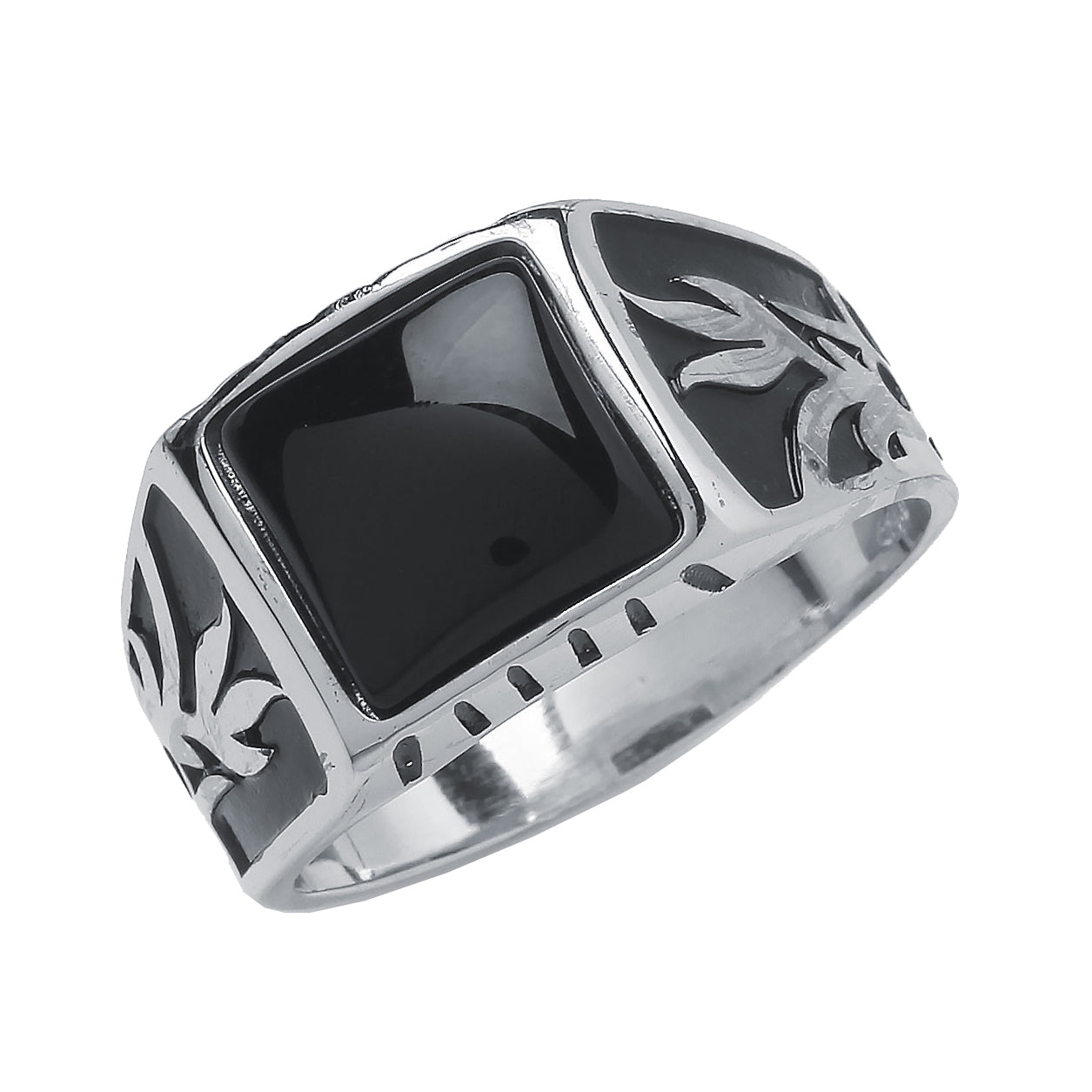 Mens Silver  Black Cushion Onyx Carved Cabochon Signet Ring - GVR745