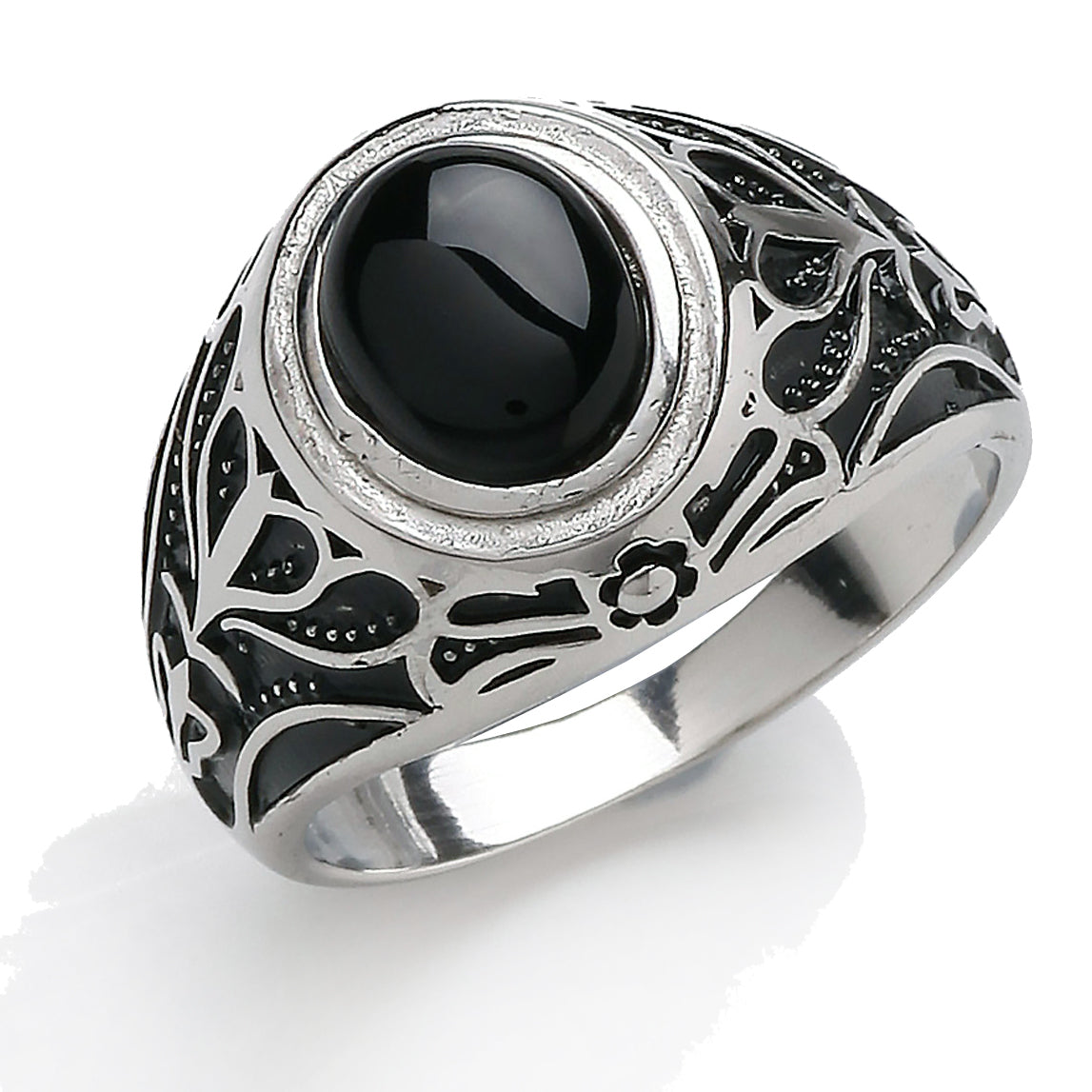 Mens Silver  Black Oval Onyx Carved Cabochon Signet Ring - GVR746