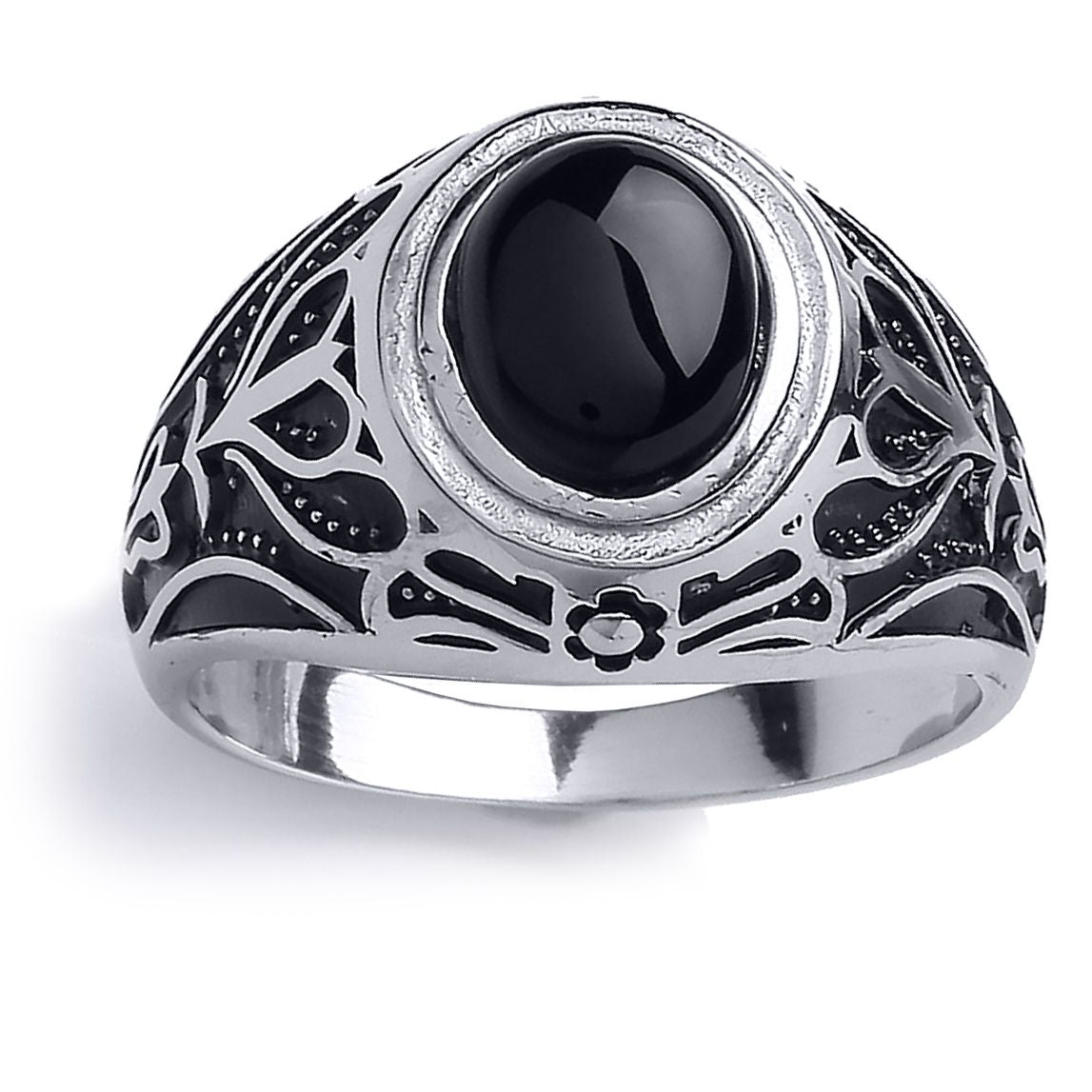 Mens Silver  Black Oval Onyx Carved Cabochon Signet Ring - GVR746