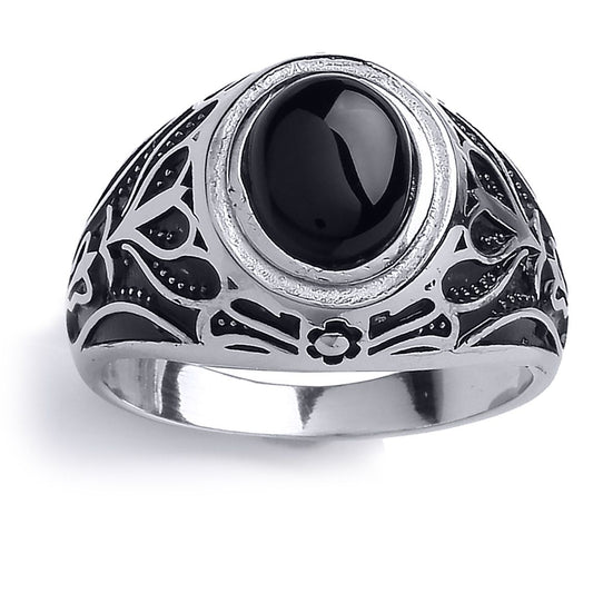 Mens Silver  Black Oval Onyx Carved Cabochon Signet Ring - GVR746