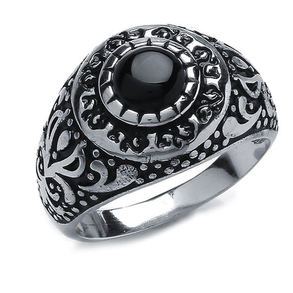 Mens Silver  Black Onyx Carved Cabochon Signet Ring - GVR747