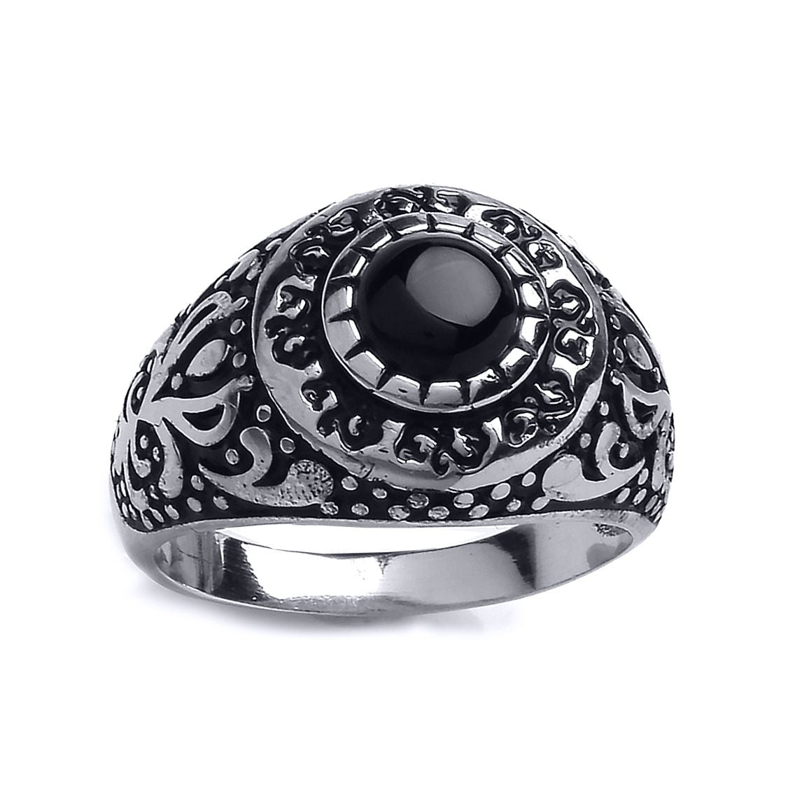 Mens Silver  Black Onyx Carved Cabochon Signet Ring - GVR747