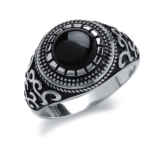 Mens Silver  Black Onyx Carved Cabochon Aztec Signet Ring - GVR748