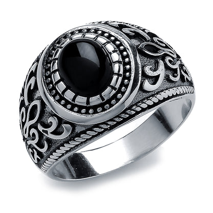 Mens Silver  Black Oval Onyx Carved Cabochon Signet Ring - GVR749