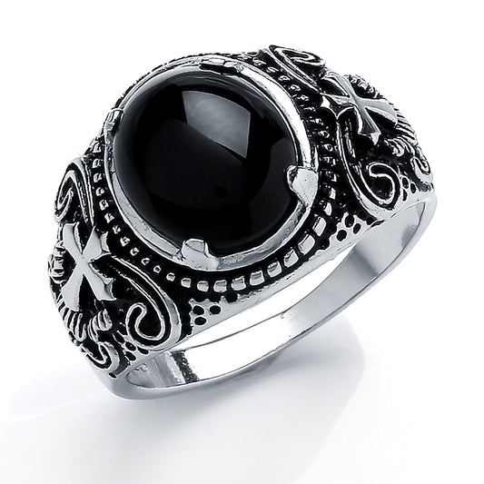 Mens Silver  Black Oval Onyx Carved Cabochon Cross Signet Ring - GVR750