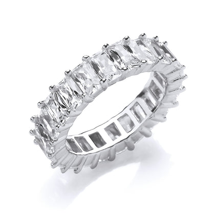 Silver  Emerald Cut CZ Wide 4 Claw Eternity Ring - GVR764