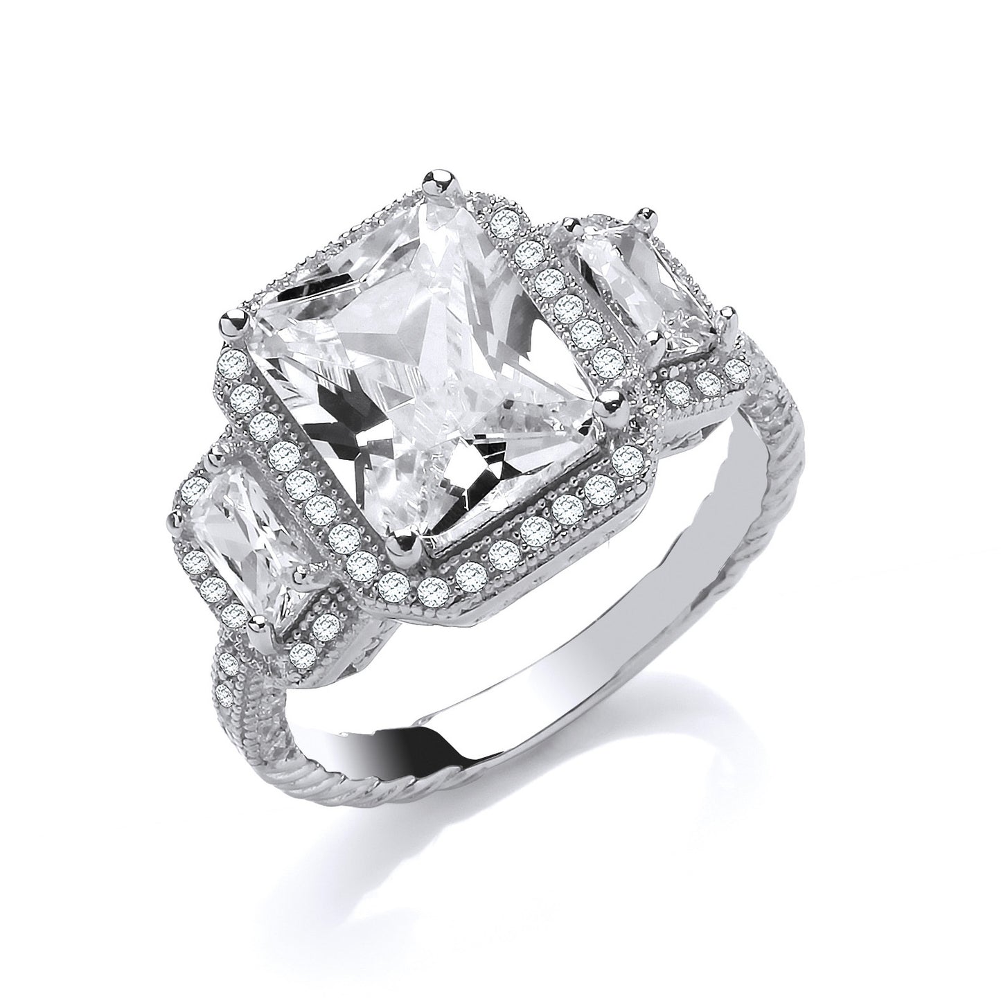 Silver  Emerald Cut CZ Shoulder-Set Halo Solitaire Ring - GVR769