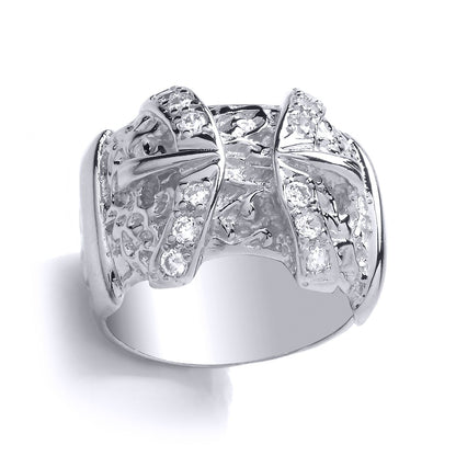 Mens Silver  CZ Double Belt Buckle Signet Ring - GVR774