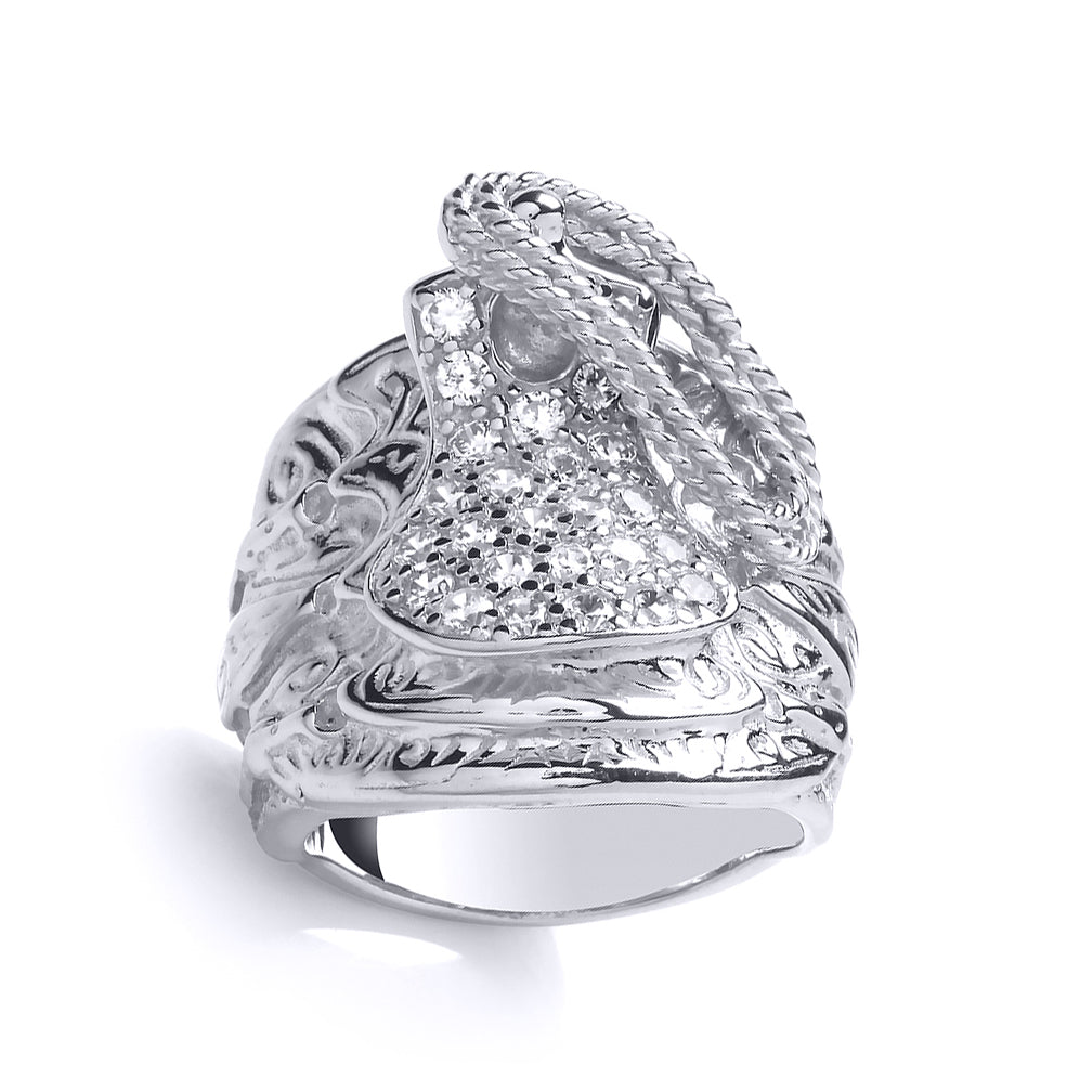 Mens Silver  CZ Carved Horse Saddle Signet Ring - GVR780