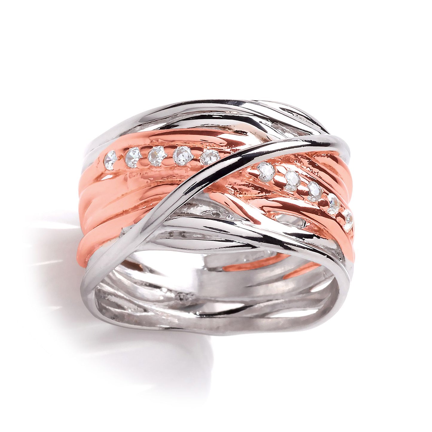 Rose Silver  CZ Tree Roots Crossover Eternity Ring - GVR786