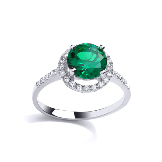 Silver  Green CZ Shoulder-Set Halo Solitaire Engagement Ring - GVR788EM