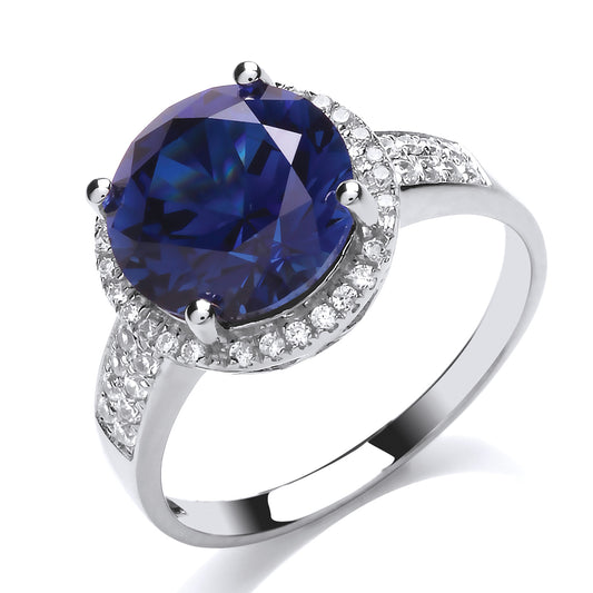 Silver  Blue CZ Halo Solitaire Engagement Ring - GVR789