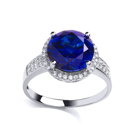 Silver  Blue CZ Halo Solitaire Engagement Ring - GVR789