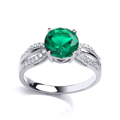 Silver  Green CZ Shoulder Set Solitaire Engagement Ring - GVR790EM