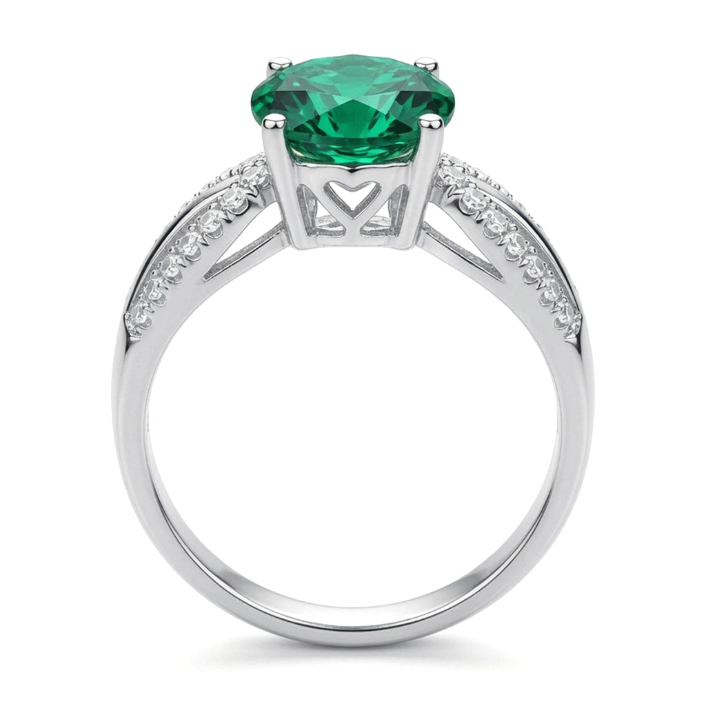 Silver  Green CZ Shoulder Set Solitaire Engagement Ring - GVR790EM