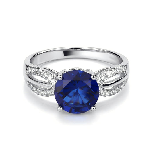 Silver  Blue CZ Shoulder Set Solitaire Engagement Ring - GVR790SAP