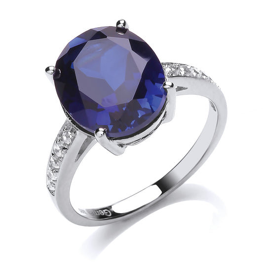 Silver  Blue oval CZ Shoulder-Set 4 Claw Solitaire Ring - GVR792SAP