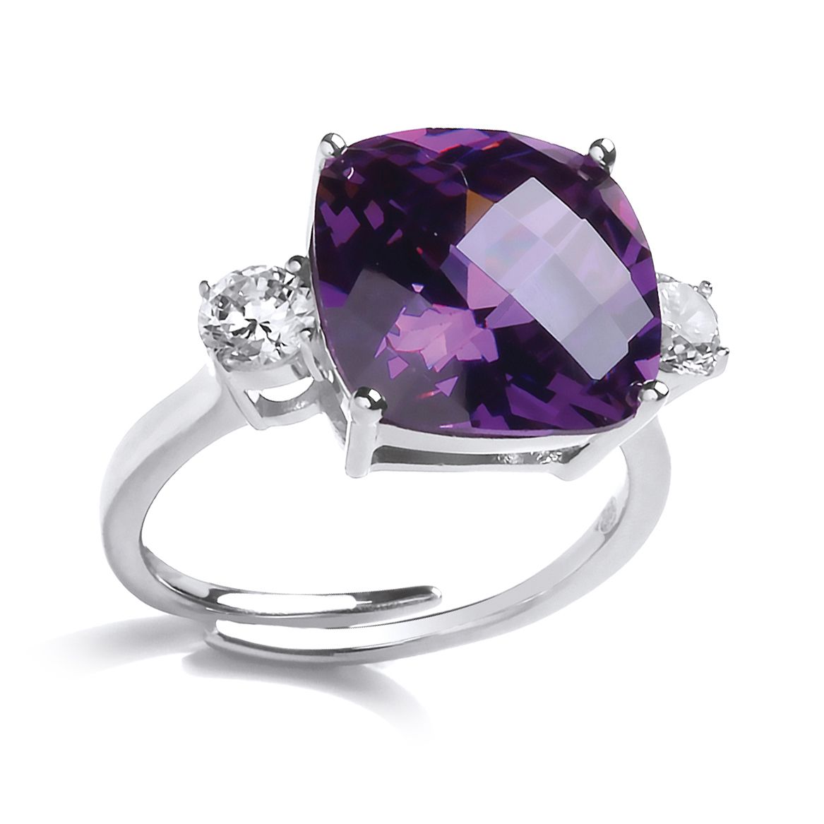 Silver  Purple Cushion CZ Shoulder-Set 4 Claw Solitaire Ring - GVR794AMY