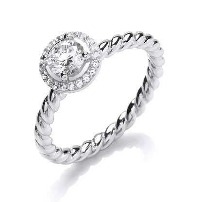 Silver  CZ Rope Twist Halo Solitaire Engagement Ring - GVR804