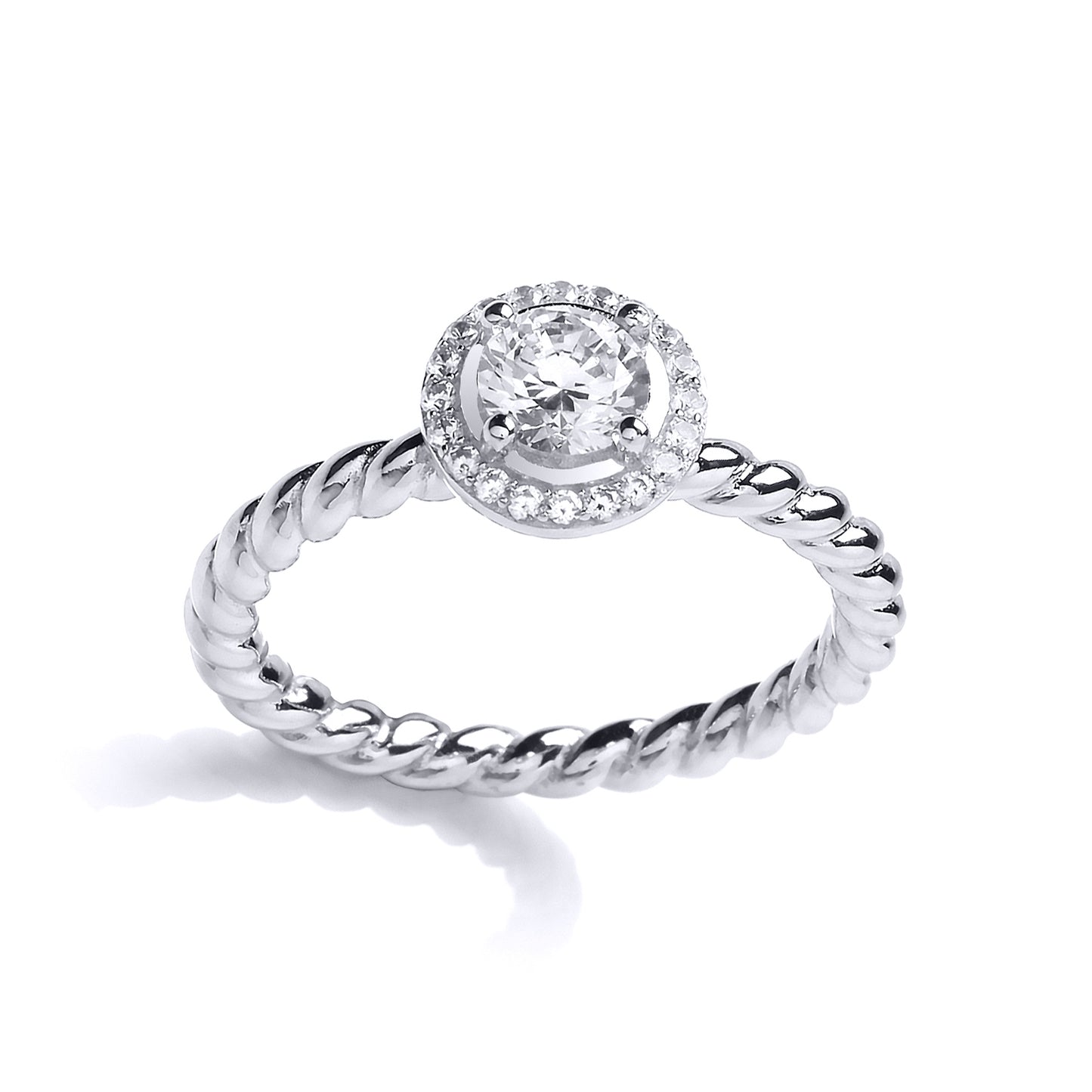 Silver  CZ Rope Twist Halo Solitaire Engagement Ring - GVR804