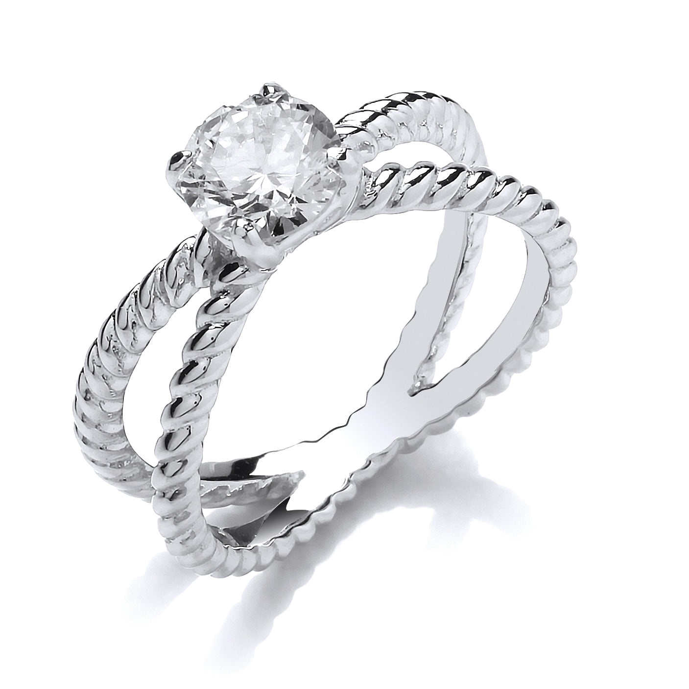 Silver  CZ Split Rope Twist Solitaire Engagement Ring - GVR807