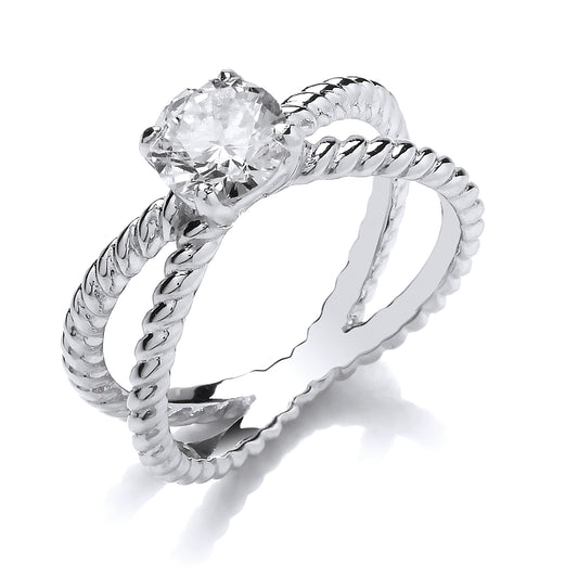 Silver  CZ Split Rope Twist Solitaire Engagement Ring - GVR807
