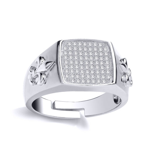 Mens Silver  CZ Fleur De Lis Square Cushion Signet Ring - GVR808