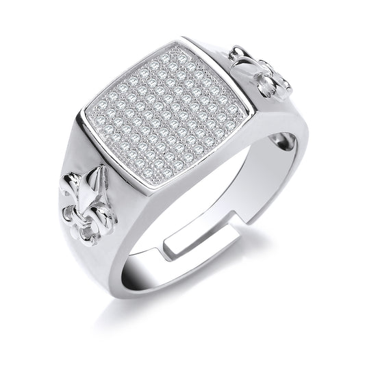 Mens Silver  CZ Fleur De Lis Square Cushion Signet Ring - GVR808