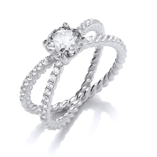 Silver  CZ Split Rope Twist Solitaire Engagement Ring - GVR809