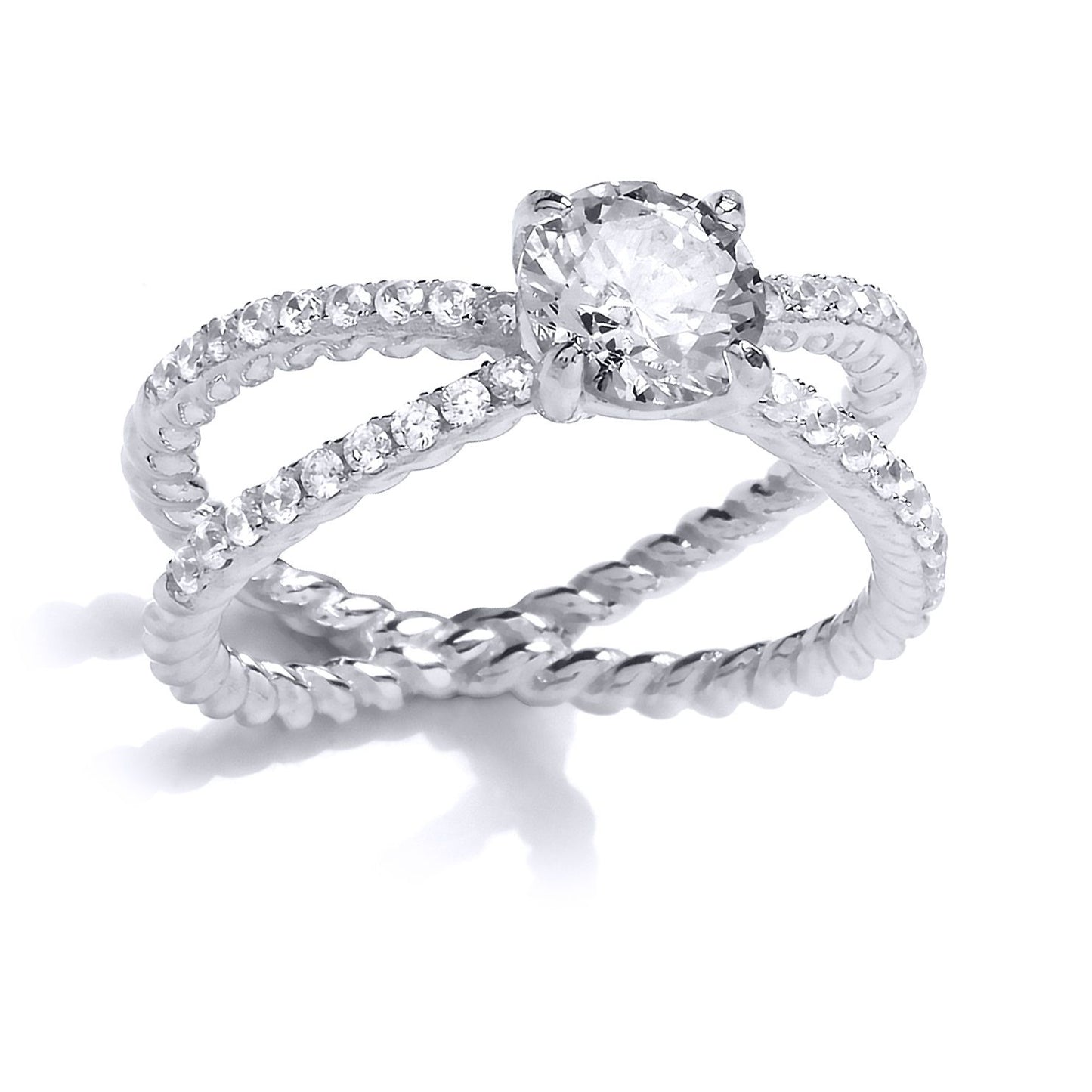 Silver  CZ Split Rope Twist Solitaire Engagement Ring - GVR809