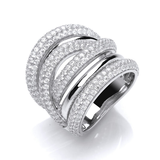 Silver  CZ 6 Row Pave Crossover Dress Ring - GVR812
