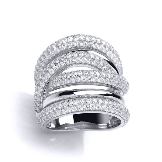 Silver  CZ 6 Row Pave Crossover Dress Ring - GVR812