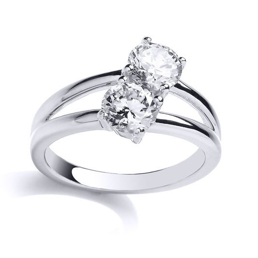 Silver  CZ Split Shoulder Double Solitaire Engagement Ring - GVR814