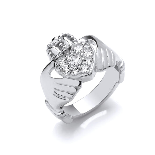 Silver  CZ Love Heart Crown Claddagh Dress Ring - GVR818