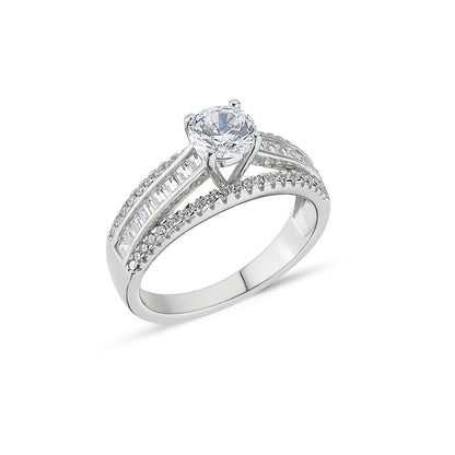 Silver  CZ 3 Row V Gallery Solitaire Engagement Ring - GVR821