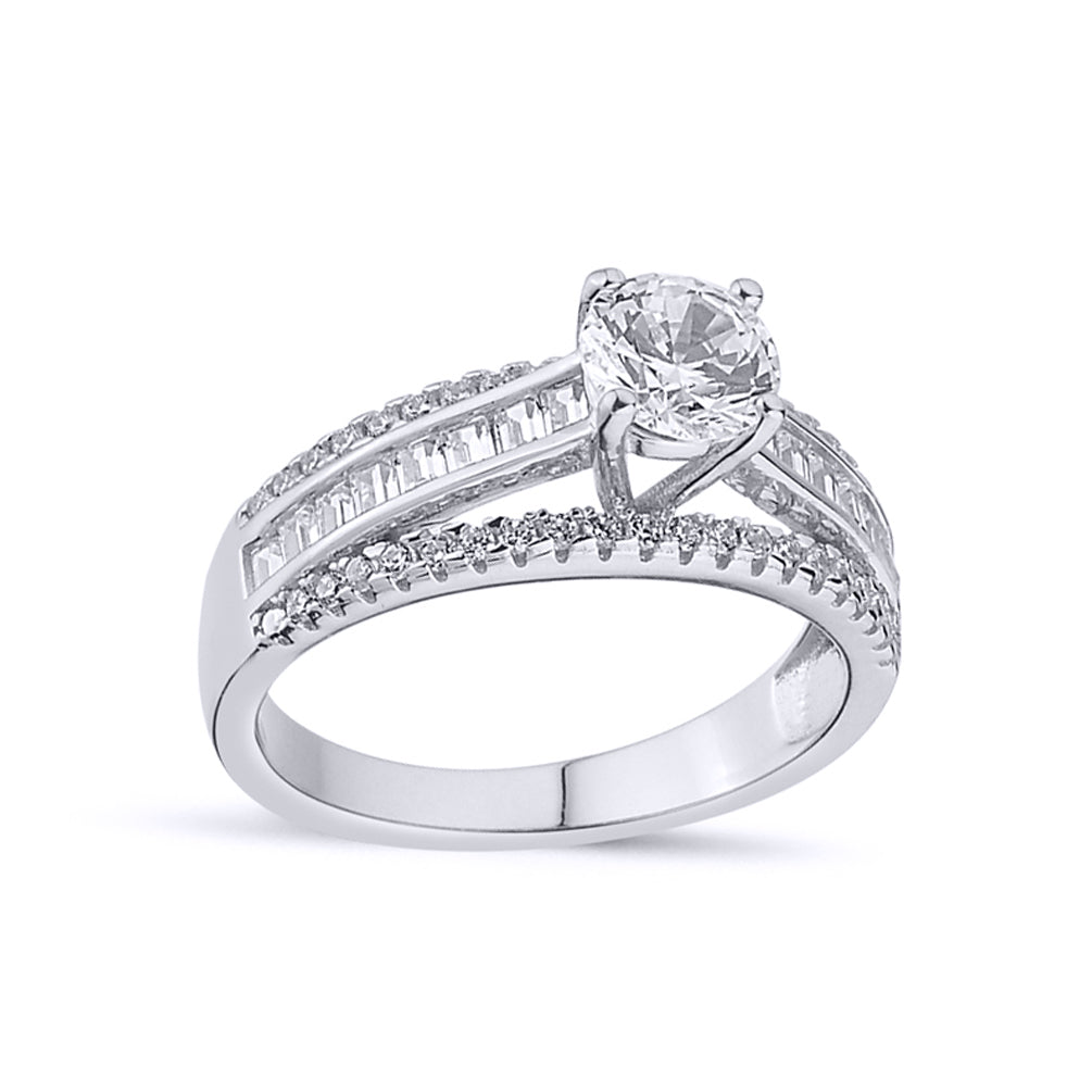 Silver  CZ 3 Row V Gallery Solitaire Engagement Ring - GVR821