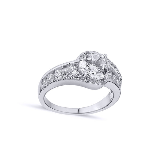 Silver  CZ Twisting Solitaire Dress Ring - GVR822