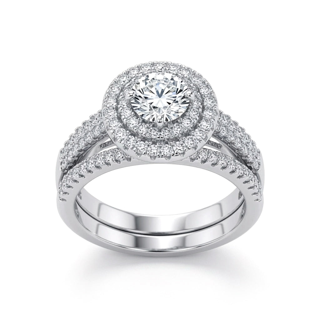 Silver  CZ Solitaire Halo Eternity Wedfit Bridal Rings Set - GVR823