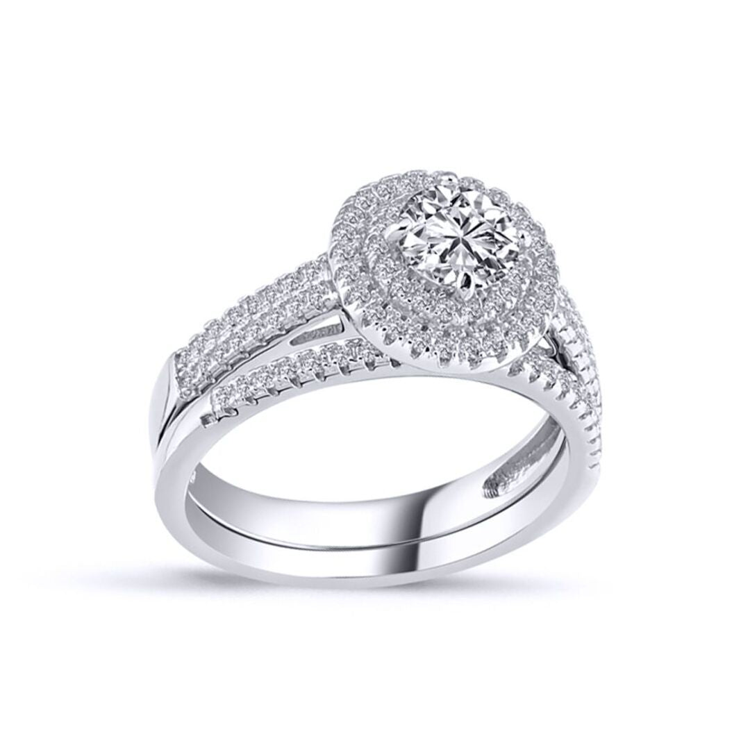 Silver  CZ Solitaire Halo Eternity Wedfit Bridal Rings Set - GVR823
