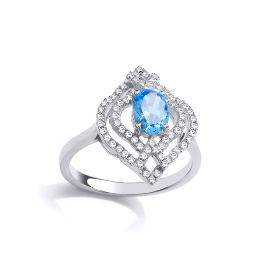 Silver  Light Blue Oval CZ Arabesque Clover Lantern Cluster Ring - GVR834