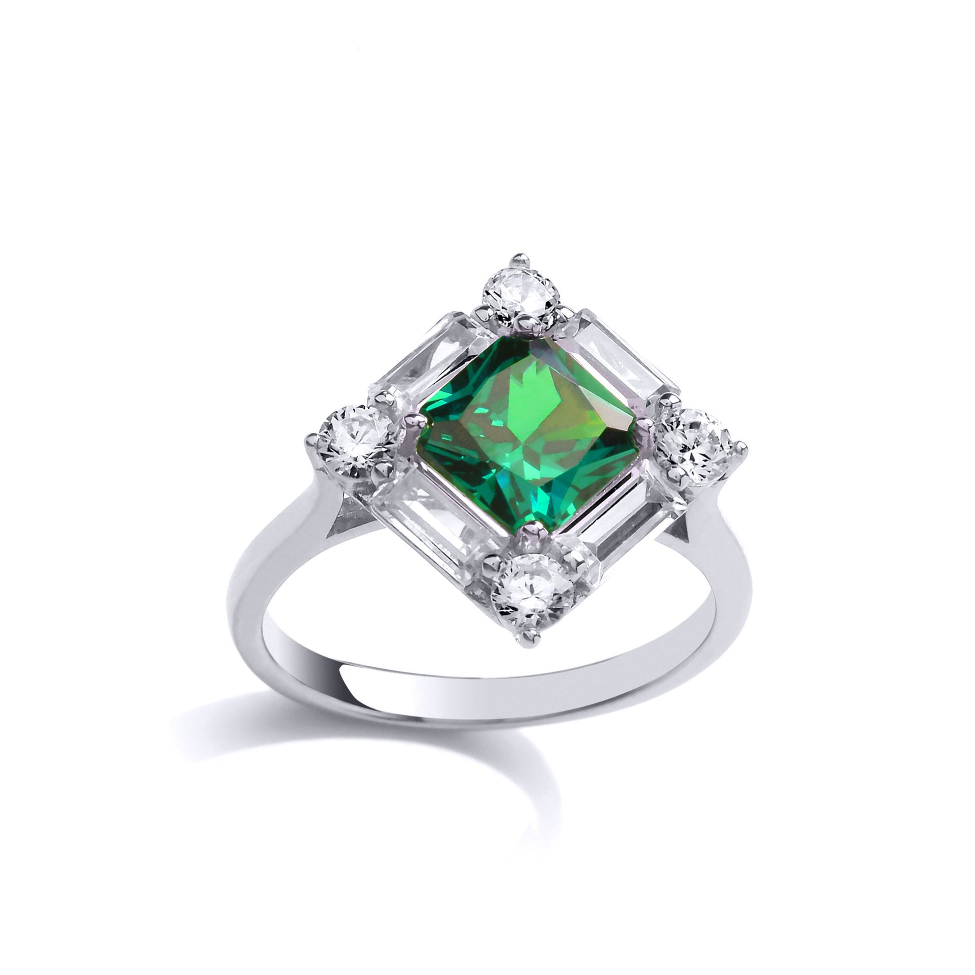 Silver  Green Princess Cut CZ Square Frame Dress Ring - GVR835