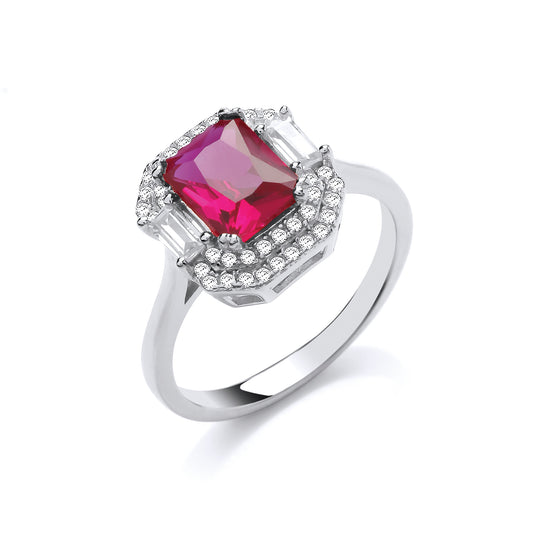 Silver  Red Emerald cut CZ Octagon Amphitheatre Engagement Ring - GVR839