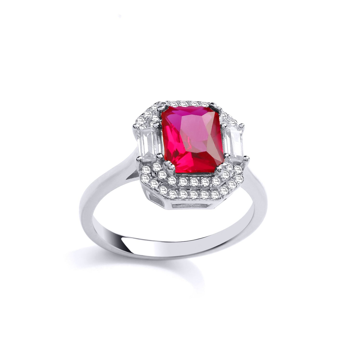 Silver  Red Emerald cut CZ Octagon Amphitheatre Engagement Ring - GVR839