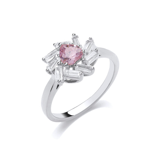 Silver  Pink Baguette CZ Sunburst Love Heart Cluster Ring - GVR840
